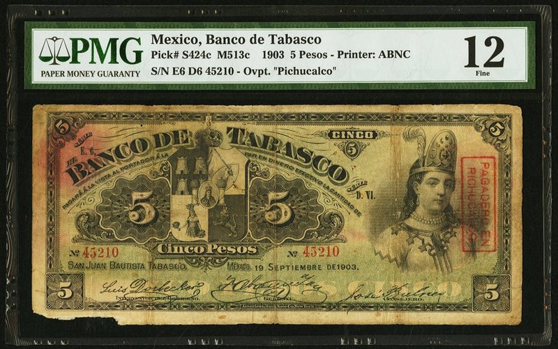 Mexico Banco De Tabasco 5 Pesos 19.9.1903 Pick S424c M513c PMG Fine 12. Piece mi...