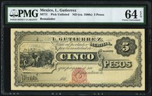Mexico L. Gutierrez 5 Pesos ND (ca. 1880s) Pick UNL M771 Remainder PMG Choice Uncirculated 64 EPQ. 

HID09801242017