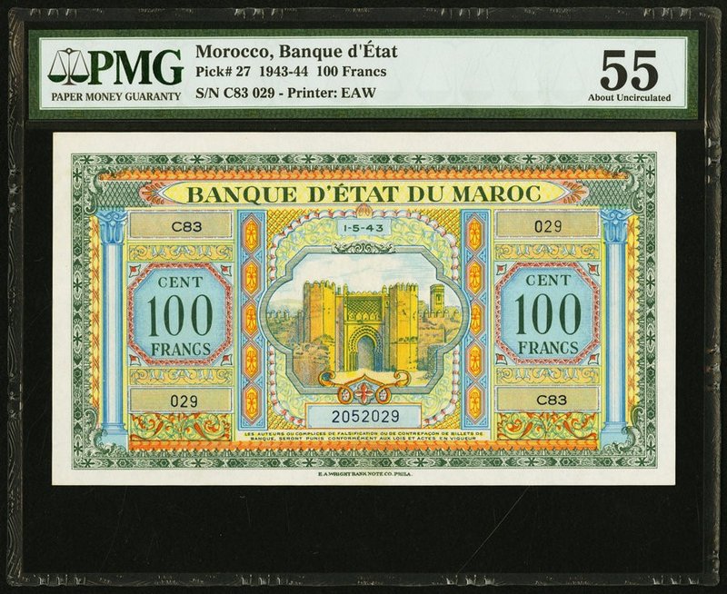 Morocco Banque d'Etat du Maroc 100 Francs 1.5.1943 Pick 27 PMG About Uncirculate...