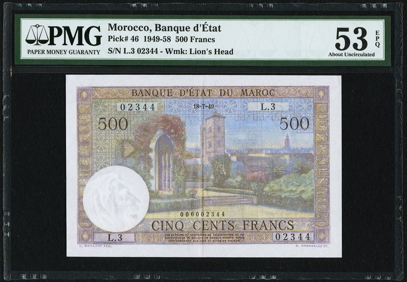 Morocco Banque d'Etat du Maroc 500 Francs 18.7.1949 Pick 46 PMG About Uncirculat...