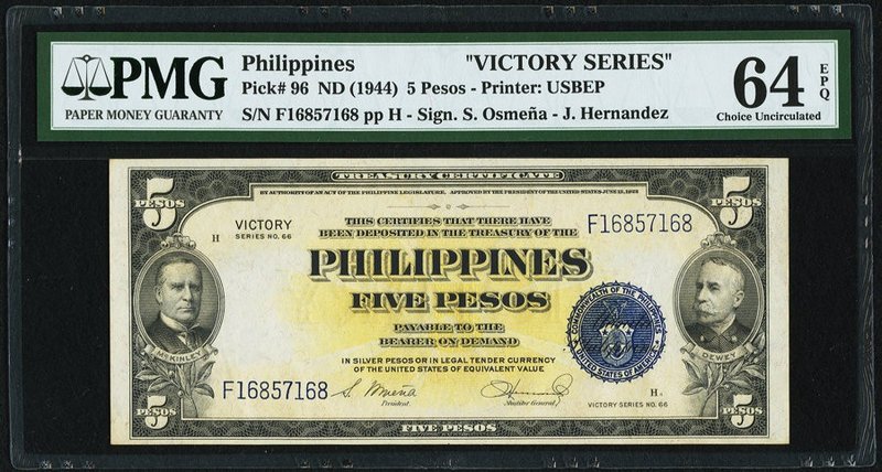 Philippines Victory Series 5 Pesos ND (1944) Pick 96 PMG Choice Uncirculated 64 ...