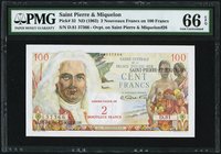 Saint Pierre and Miquelon Caisse Centrale de la France d'Outre Mer 2 Nouveaux Francs on 100 Francs ND (1963) Pick 32 PMG Gem Uncirculated 66 EPQ. 

HI...