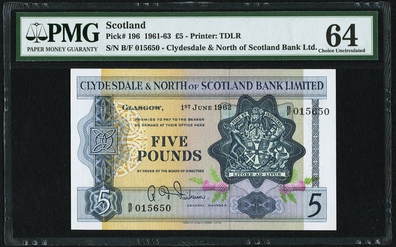 Scotland Clydesdale & North of Scotland Bank Ltd 5 Pounds 1.6.1962 Pick 196 PMG ...