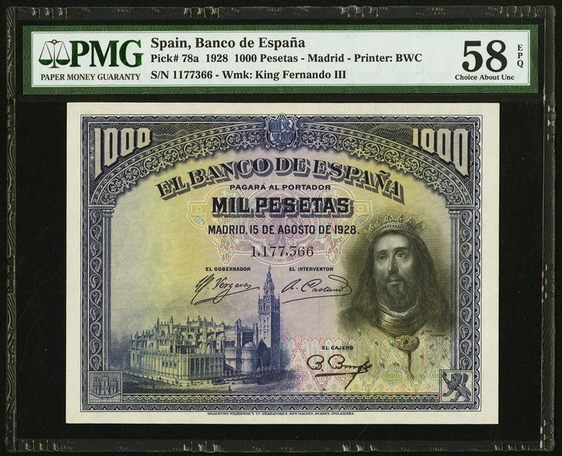 Spain Banco de Espana 1000 Pesetas 15.8.1928 Pick 78a PMG Choice About Unc 58 EP...