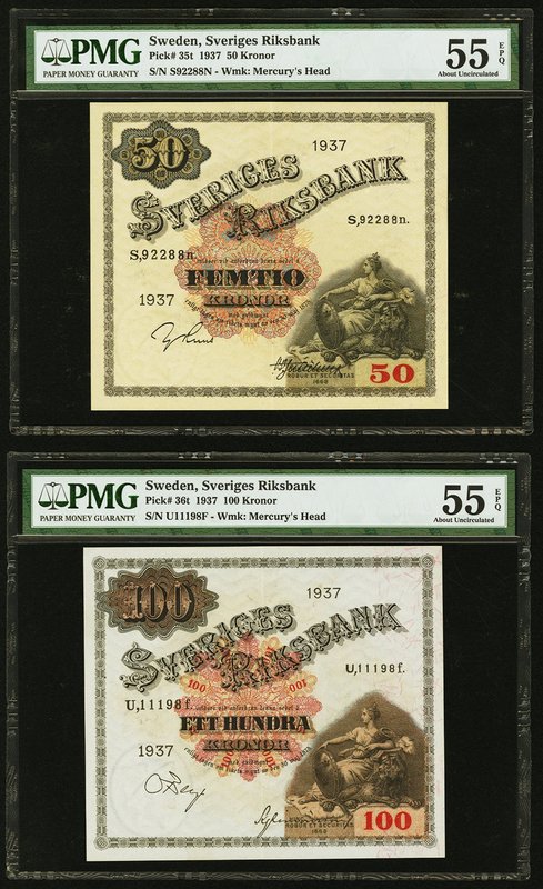 Sweden Sveriges Riksbank 50; 100 Kronor 1937 Pick 35t; 36t Two Examples PMG Abou...