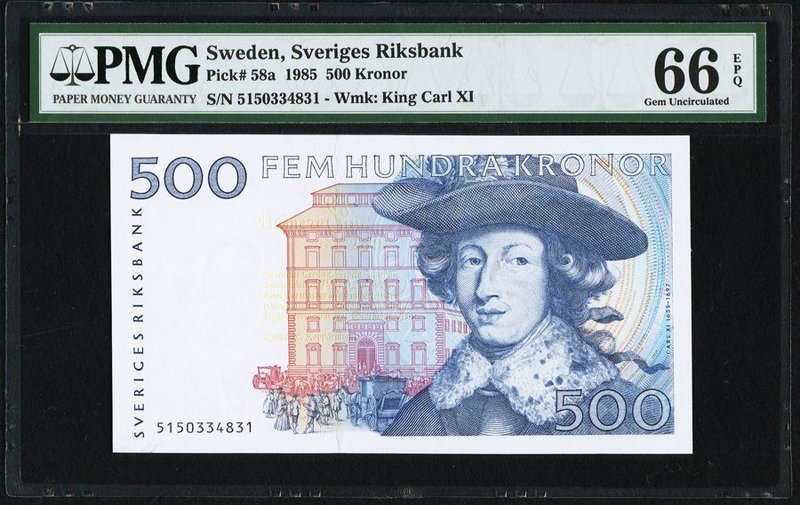 Sweden Sveriges Riksbank 500 Kronor 1985 Pick 58a PMG Gem Uncirculated 66 EPQ. 
...