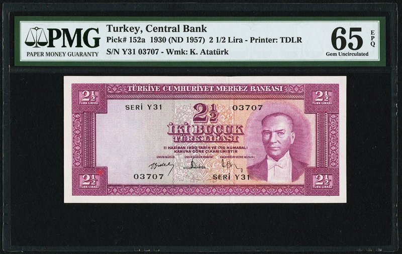 Turkey Central Bank of Turkey 2 1/2 Lira 1930 (ND 1957) Pick 152a PMG Gem Uncirc...