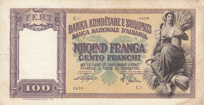 Albania, 100 Franga, 1940, FINE, p8
serial number: C5 2426, Figure of Peasant W...
