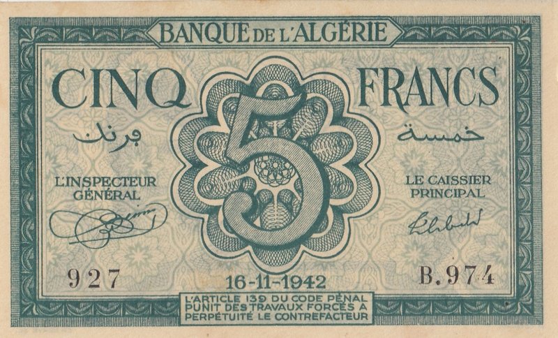 Algeria, 5 Francs, 1942, UNC, p91
serial number: B.974 927, Portrait of Women
...