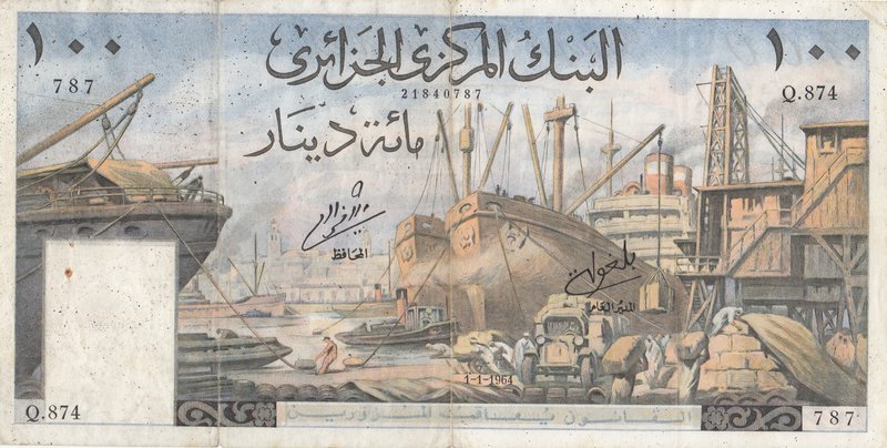Algeria, 100 Francs, 1964, XF (-), p125
serial number: Q.874 787
Estimate: $ 2...
