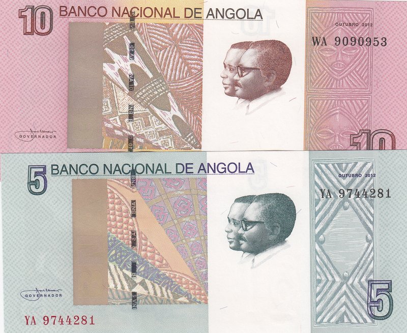 Angola, 5 Kwanzas and 10 Kwanzas, 2012, UNC, p144/p145, (Total 2 banknotes)
ser...