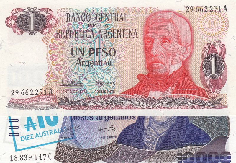 Argentina, 1 Peso and 10000 Australes, 1983-1984/ 1985, UNC, p311a/ p322
serial...
