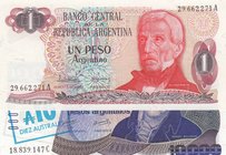 Argentina, 1 Peso and 10000 Australes, 1983-1984/ 1985, UNC, p311a/ p322
serial numbers: 29.662271A and 18.839.147C, Portrait of General Jose de San ...