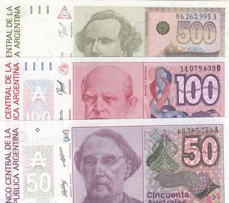 Argentina, 50 Australes, 100 Australes and 500 Australes, 1986/1988, UNC, p326/p...