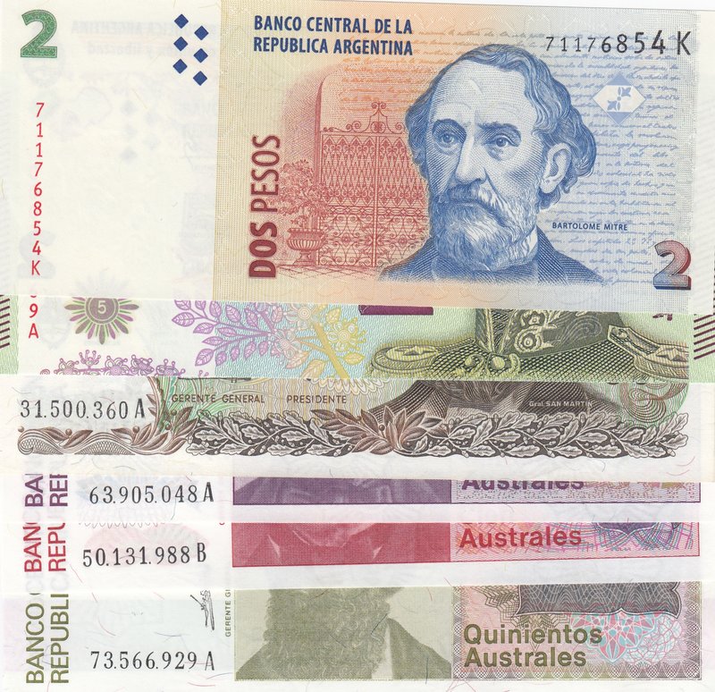 Argentina, 6 Pieces UNC Banknotes
2 Pesos, 5 Pesos, 50 Pesos, 50 Australes, 100...