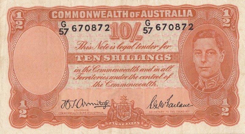 Australia, 10 Shillings, 1942, XF-AUNC, p25b
serial number: G/57 670872, sign: ...