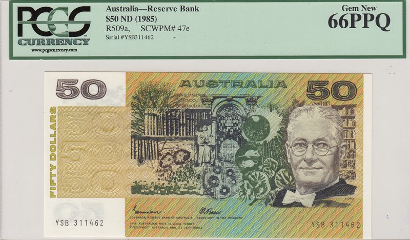 Australia, 50 Dollars, 1985, UNC, p47e
PCGS 66 PPQ, serial number: YSB 311462, ...