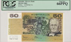 Australia, 50 Dollars, 1985, UNC, p47e
PCGS 66 PPQ, serial number: YSB 311462, Howard Walter Florey portrait at right
Estimate: $ 200-400