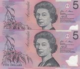 Australia, 5 Dollars, 2013, UNC, p57h, (Total 2 consecutive banknotes)
serial numbers: DD 13557935-6, Queen Elizabeth II portrait at center, plastic...