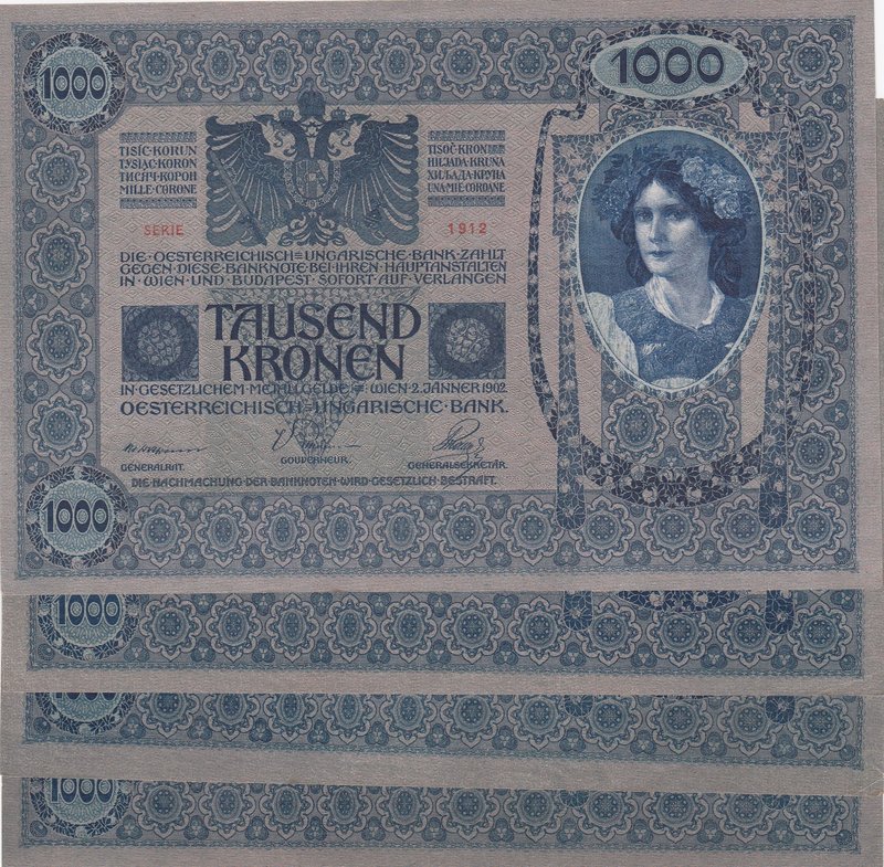 Austria, 1000 Kronen, 1920, AUNC / UNC, p48, (Total 4 banknotes)
Estimate: $ 10...