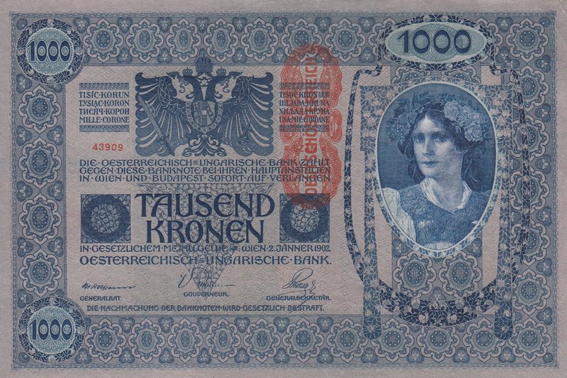 Austria, 1000 Kronen, 1902, UNC, p59
serial number: 1916 43909, Figure of Woman...