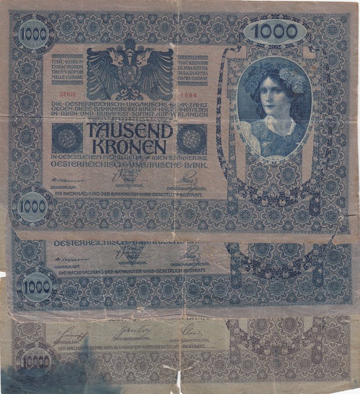 Austria, 1000 Kronen and 10.000 Kronen (2), 1902 /1908, POOR / FINE, p59 / p62, ...
