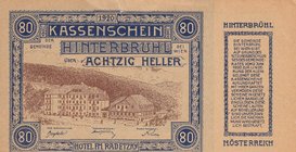 Austria, 80 Heller, 1920, AUNC, pS118 
Upper Austria, There are no fold marks on the banknote, but there are paper cuts on the top and bottom.
Estim...