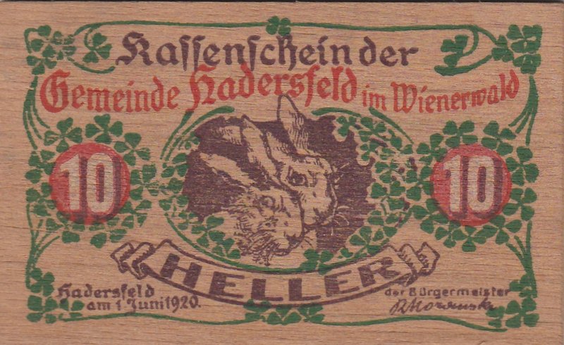 Austria, Notgeld, 10 Heller, 1920, UNC
WOODEN BANKNOTE
Estimate: $ 75-150