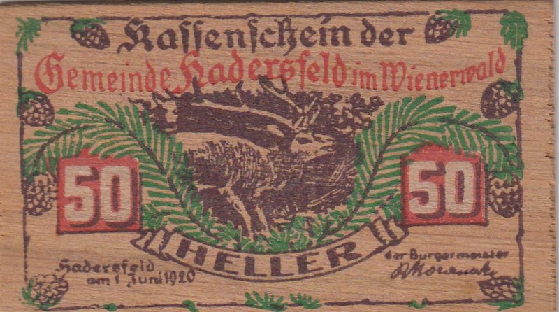 Austria, Notgeld, 50 Heller, 1920, UNC
WOODEN BANKNOTE
Estimate: $ 75-150