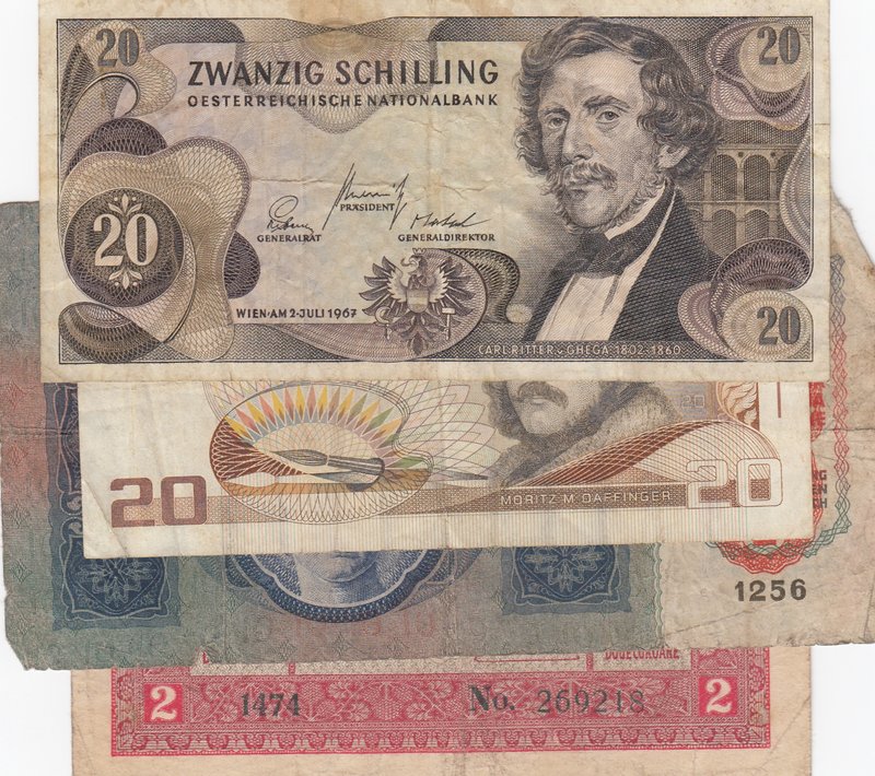 Austria, 2 Kronen, 10 Kronen and 20 Shillings (2), 1915/ 1917 / 1967/ 1986, POOR...