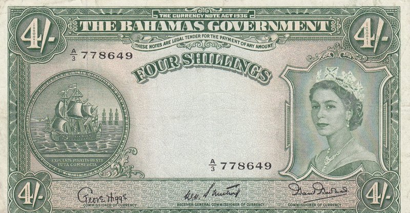 Bahamas, 4 Shillings, 1953, XF, p13b
serial number: A/3 778649, Signature W.H. ...