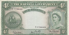 Bahamas, 4 Shillings, 1953, XF, p13b
serial number: A/3 778649, Signature W.H. Sweeting and Basil Burnside, Portrait of Queen Elizabeth II
Estimate:...