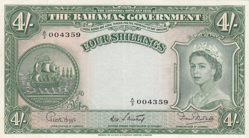 Bahamas, 4 Shillings, 1954, XF- AUNC, p13b
serial number: A/3 004359, signs: Ge...
