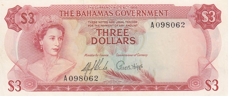 Bahamas, 3 Dollars, 1965, UNC, p19a
serial number: A 098062, Queen Elizabeth II...
