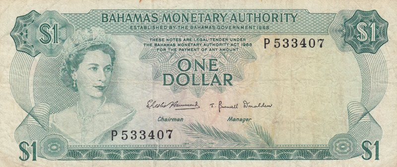 Bahamas, 1 Dollar, 1968, VF (-), p27
serial number: P 533407, Queen Elizabeth I...