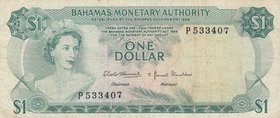 Bahamas, 1 Dollar, 1968, VF (-), p27
serial number: P 533407, Queen Elizabeth II portrait at left
Estimate: $ 25-50