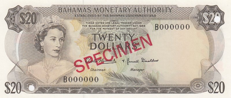 Bahamas, 20 Dollars, 1968, UNC, p31s, SPECIMEN
serial number: B000000, SPECIMEN...