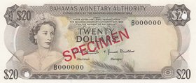 Bahamas, 20 Dollars, 1968, UNC, p31s, SPECIMEN
serial number: B000000, SPECIMEN, Portrait of Queen Elizabeth II
Estimate: $ 250-300