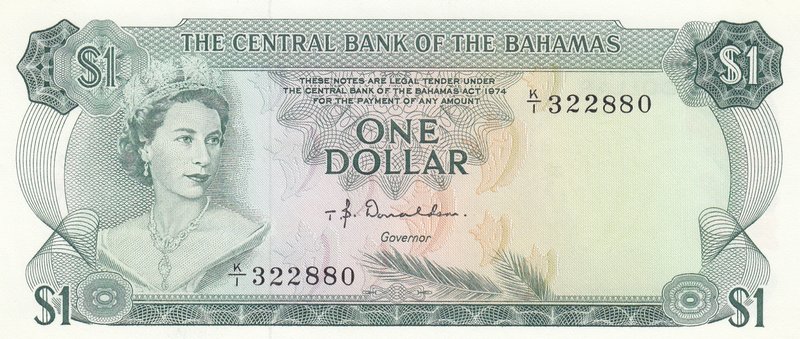 Bahamas, 1 Dollar, 1974, UNC, p35a
serial number: K/I 322880, Signature T.B. Do...