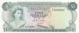 Bahamas, 1 Dollar, 1974, UNC, p35a
serial number: K/I 322880, Signature T.B. Donaldson, Portrait of Queen Elizabeth II
Estimate: $ 80-100