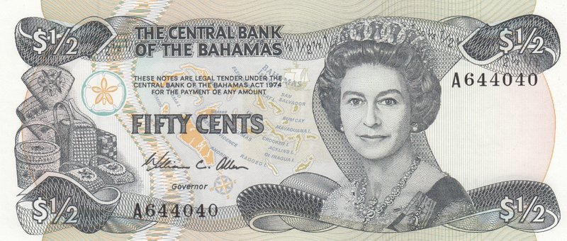 Bahamas, 50 Cents, 1974, UNC, p42a
serial numbers: A644040, Signature W.C. Alle...