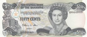 Bahamas, 50 Cents, 1974, UNC, p42a
serial numbers: A644040, Signature W.C. Allen, Portrait of Queen Elizabeth II
Estimate: $ 15-30