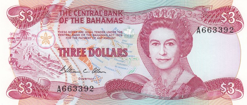 Bahamas, 3 Dollars, 1974, UNC, p44a
seri al number: A663392, Signature W.C. All...