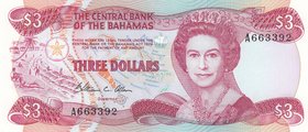 Bahamas, 3 Dollars, 1974, UNC, p44a
seri al number: A663392, Signature W.C. Allen, Paradise Beach, Map and Portrait of Queen Elizabeth II
Estimate: ...