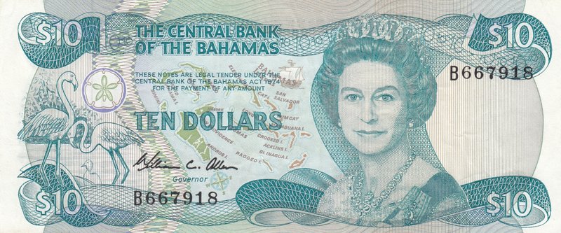 Bahamas, 10 Dollars, 1974, AUNC, p46a
serial number: B667918, Signature W.C. Al...