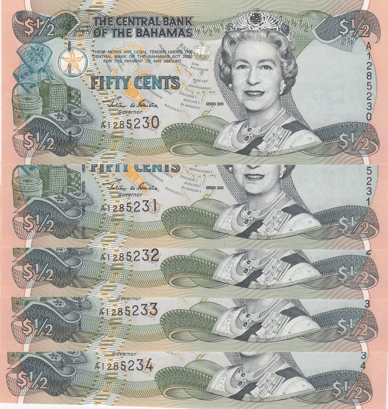 Bahamas, 50 Cents, 2001, UNC, p68, (Total 5 consecutive banknotes)
serial numbe...