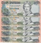 Bahamas, 50 Cents, 2001, UNC, p68, (Total 5 consecutive banknotes)
serial numbers: A1 285230-4, Queen Elizabeth II portrait at right
Estimate: $ 10-...