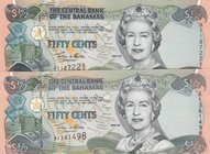 Bahamas, 50 Cents, 2001, UNC, p68, (Total 2 Banknotes)
serial numbers: A1187221 and A1361498, Signature J.W. Francis, Portrait of Queen Elizabeth II...