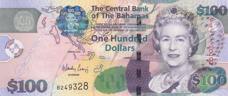 Bahamas, 100 Dollars, 2009, UNC, p76
serial number: B249328, Queen Elizabeth II...