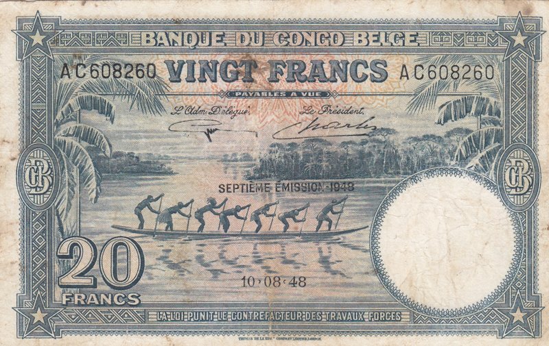 Belgian Congo, 20 Francs, 1948, VF (+), p23
serial number: AC 608260
Estimate:...